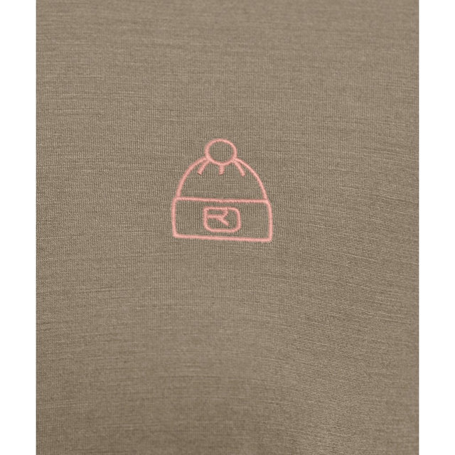Logo view of Ortovox 150 cool beanie T-shirt women's in dark linen colour