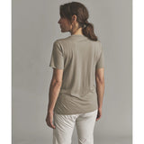 Back on-model view of Ortovox 150 cool beanie T-shirt women's in dark linen colour