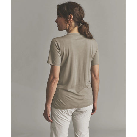 Back on-model view of Ortovox 150 cool beanie T-shirt women's in dark linen colour