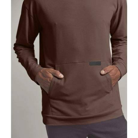 Pocket detail on-model of Ortovox Men's Affinity Crew Neck in dark chestnut