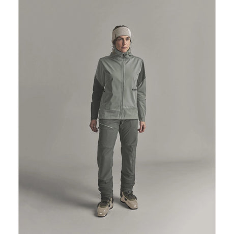 Front on-model view of Ortovox Ortler Softshell pants women's in dark sage colour