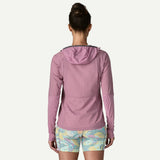 Back view on-model of Patagonia's  women's Airshed Pro Pullover in light violet colour
