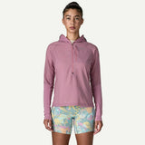 Front view on-model of Patagonia's  women's Airshed Pro Pullover in light violet colour