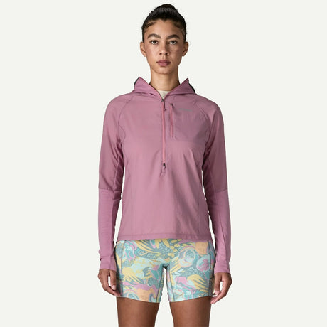 Front view on-model of Patagonia's  women's Airshed Pro Pullover in light violet colour