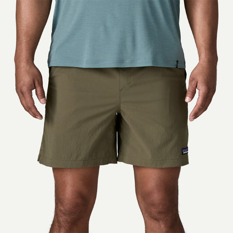 Front on-model view of Patagonia baggies lights 6" men's in basin green colour