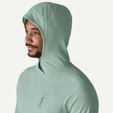 Hood detail of men's Patagonia's cap cool sun hoody in Thermal Blue Tin Ice X-Dye