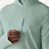 Zipper detail of men's Patagonia's cap cool sun hoody in Thermal Blue Tin Ice X-Dye