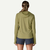 Back view of on-model women's Patagonia's cap cool sun hoody in gumtree green
