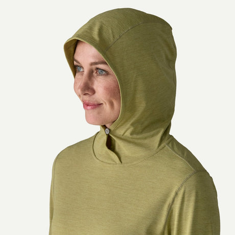Hoody detail of on-model women's Patagonia's cap cool sun hoody in gumtree green