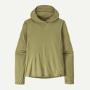Front view of women's Patagonia's cap cool sun hoody in gumtree green