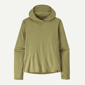 Front view of women's Patagonia's cap cool sun hoody in gumtree green