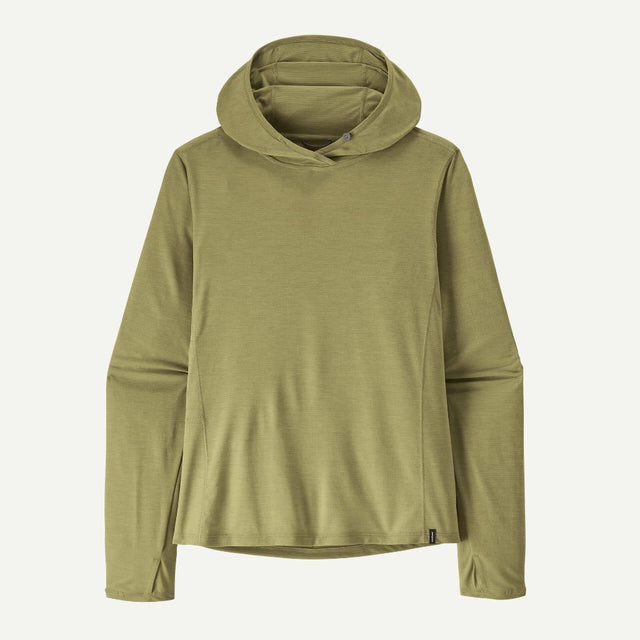 Front view of women's Patagonia's cap cool sun hoody in gumtree green
