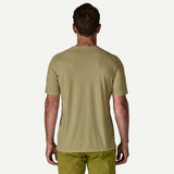 Back view on-model of Patagonia's men's Capilene cool trail shirt in weathered stone