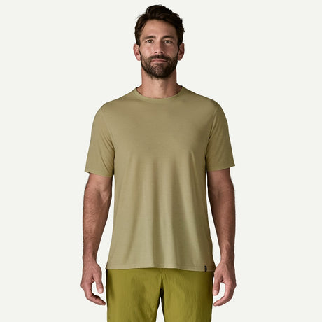 Front view on-model of Patagonia's men's Capilene cool trail shirt in weathered stone