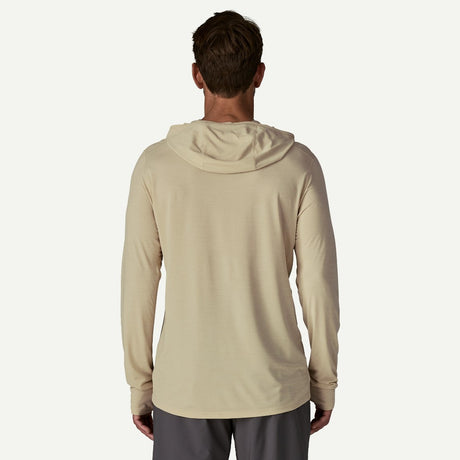 Back on-model view of Patagonia Capilene Cool Ultra Hoody men's in pumice dyno white x-dye colour