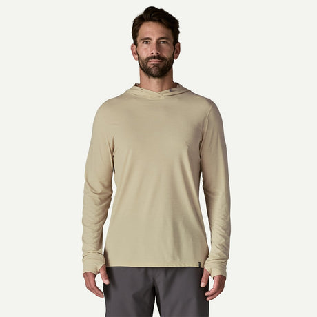 Front on-model view of Patagonia Capilene Cool Ultra Hoody men's in pumice dyno white x-dye colour