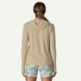 Back on-model view of Patagonia Capilene Cool Ultra Hoody women's in pumice dyno white x-dye colour