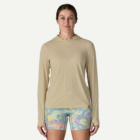 Front on-model view of Patagonia Capilene Cool Ultra Hoody women's in pumice dyno white x-dye colour