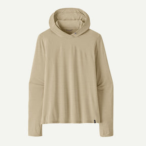 Front view of Patagonia Capilene Cool Ultra Hoody women's in pumice dyno white x-dye colour
