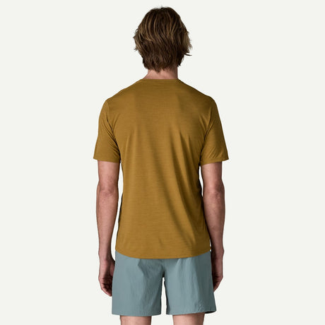 Back on-model view of Patagonia Capilene Cool Ultra Shirt men's in Bobcat Brown x-dye colour