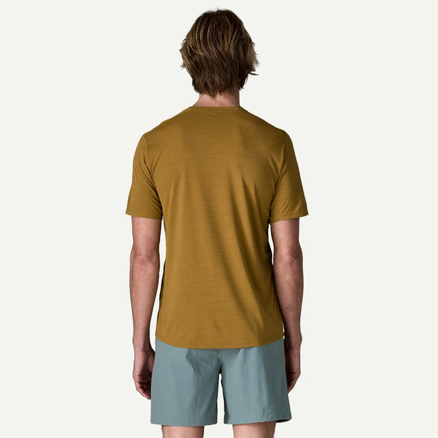 Back on-model view of Patagonia Capilene Cool Ultra Shirt men's in Bobcat Brown x-dye colour