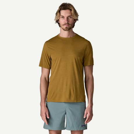 Front on-model view of Patagonia Capilene Cool Ultra Shirt men's in Bobcat Brown x-dye colour