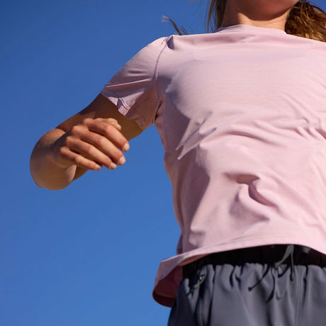 Front view of on-model Patagonia's women's Capilene cool ultra shirt in light violet