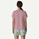 Back view of on-model Patagonia's women's Capilene cool ultra shirt in light violet