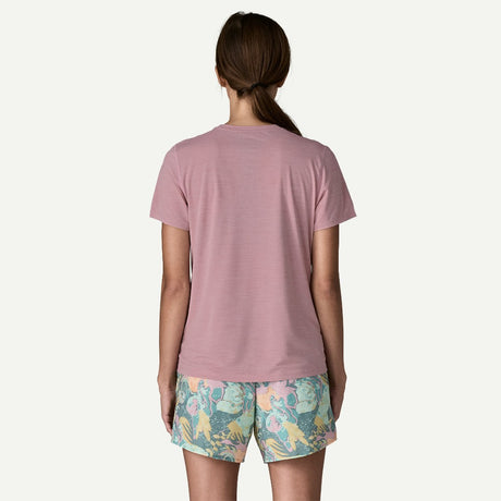 Back view of on-model Patagonia's women's Capilene cool ultra shirt in light violet
