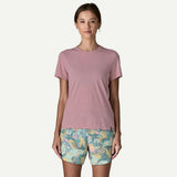 Front view of  on-model Patagonia's women's Capilene cool ultra shirt in light violet