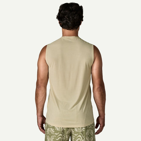 Back on-model view of Patagonia Capilene Cool Ultra Tank men's in Pumice Dyno White x-dye colour