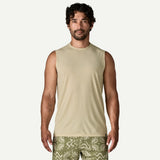 Front on-model view of Patagonia Capilene Cool Ultra Tank men's in Pumice Dyno White x-dye colour