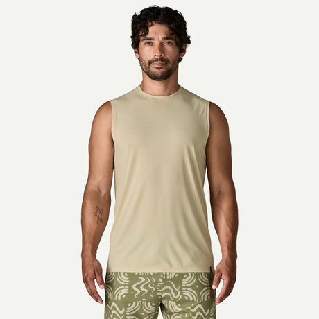 Front on-model view of Patagonia Capilene Cool Ultra Tank men's in Pumice Dyno White x-dye colour