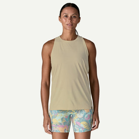 Front on-model view of Patagonia Capilene Cool Ultra Tank Top women's in pumice dyno white X-dye colour
