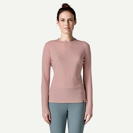 Front on-model view of Patagonia Capilene Lightweight Crewneck Women's in fuzzy mauve colour