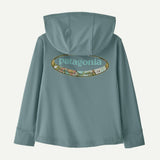 Back view of Patagonia Capiline W hoody in 95 oval logo shelly blue sage colour