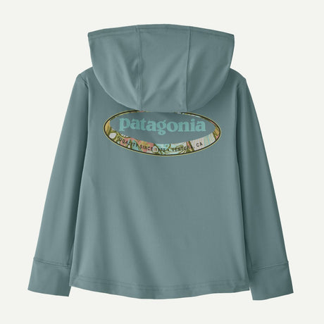 Back view of Patagonia Capiline W hoody in 95 oval logo shelly blue sage colour