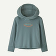 Front view of Patagonia Capiline W hoody in 95 oval logo shelly blue sage colour