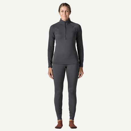 Front on-model view of Patagonia's capilene thermal weight zip-neck women's in smolder blue colour