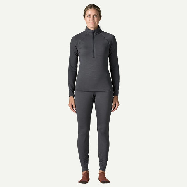 Front on-model view of Patagonia's capilene thermal weight zip-neck women's in smolder blue colour