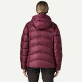 Back on-model view of Patagonia's Fitz Roy Down Hoody women's in Berry Fig colour