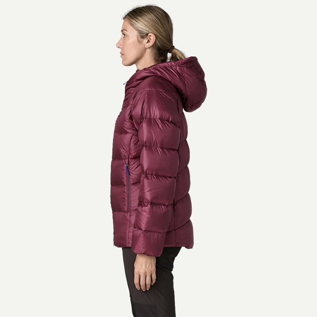 Side on-model view of Patagonia's Fitz Roy Down Hoody women's in Berry Fig colour