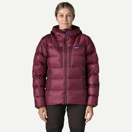 Front on-model view of Patagonia's Fitz Roy Down Hoody women's in Berry Fig colour