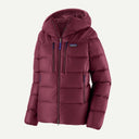 Front view of Patagonia's Fitz Roy Down Hoody women's in Berry Fig colour