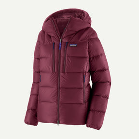 Front view of Patagonia's Fitz Roy Down Hoody women's in Berry Fig colour