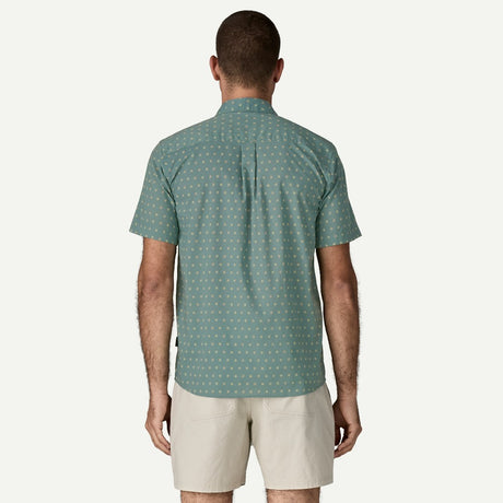 Back on-model view of Patagonia Go-To shirt men's in suns:blue sage colour