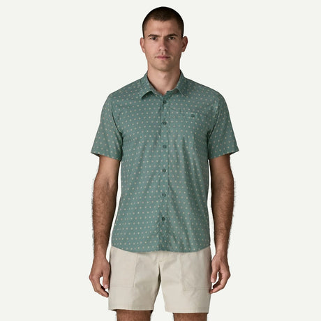 Front on-model view of Patagonia Go-To shirt men's in suns:blue sage colour