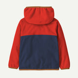 Back view of Patagonia kid's micro D snap-T jacket in new navy with madder red colour