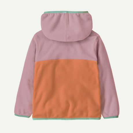 Back view of Patagonia kid's micro D snap-T jacket in peach sherbet with quiet violet