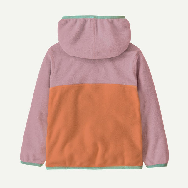 Back view of Patagonia kid's micro D snap-T jacket in peach sherbet with quiet violet